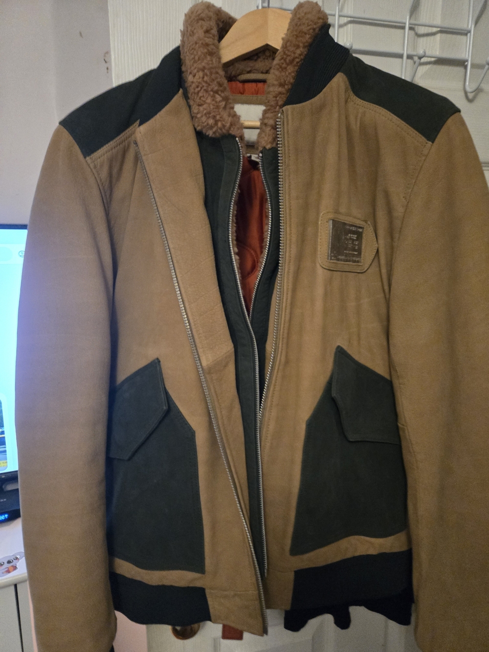 Scotch & Soda Tan and Dark Green Sherpa-Lined Bomber Jacket
